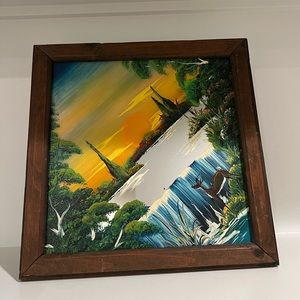 Painting on Mirror Nature Wildlife Deer Lake Framed Signed 1988